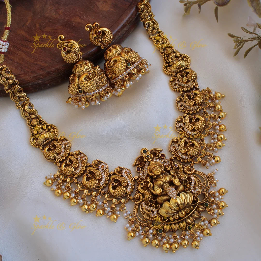 Back Thread Lakshmi Peacock CZ Pearl Short Gold Necklace