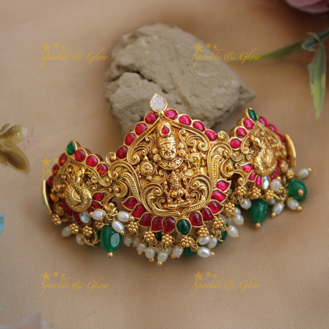 Exclusive Gold alike lakshmi Balaji Hair Clip with Green beads