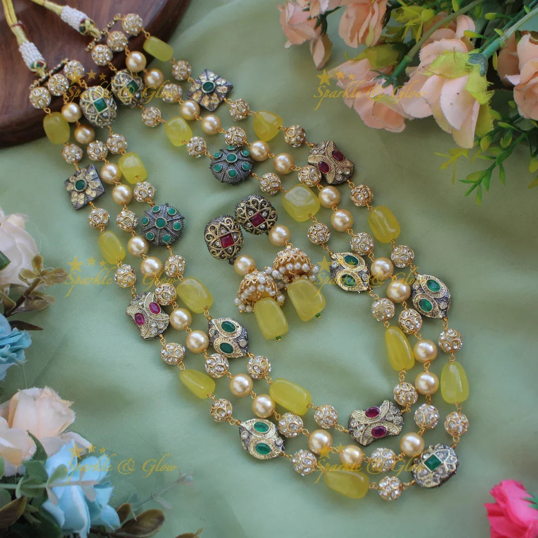 Gorgeous three layer Victorian AD haram with pearls and beads - yellow - Sparkle and Glow
