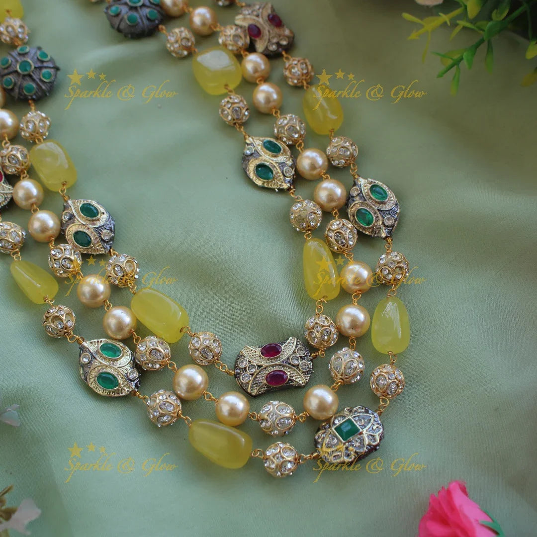 Gorgeous three layer Victorian AD haram with pearls and beads - yellow - Sparkle and Glow