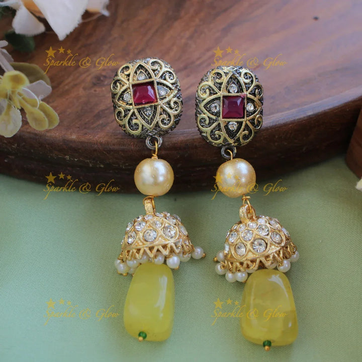 Gorgeous three layer Victorian AD haram with pearls and beads - yellow - Sparkle and Glow
