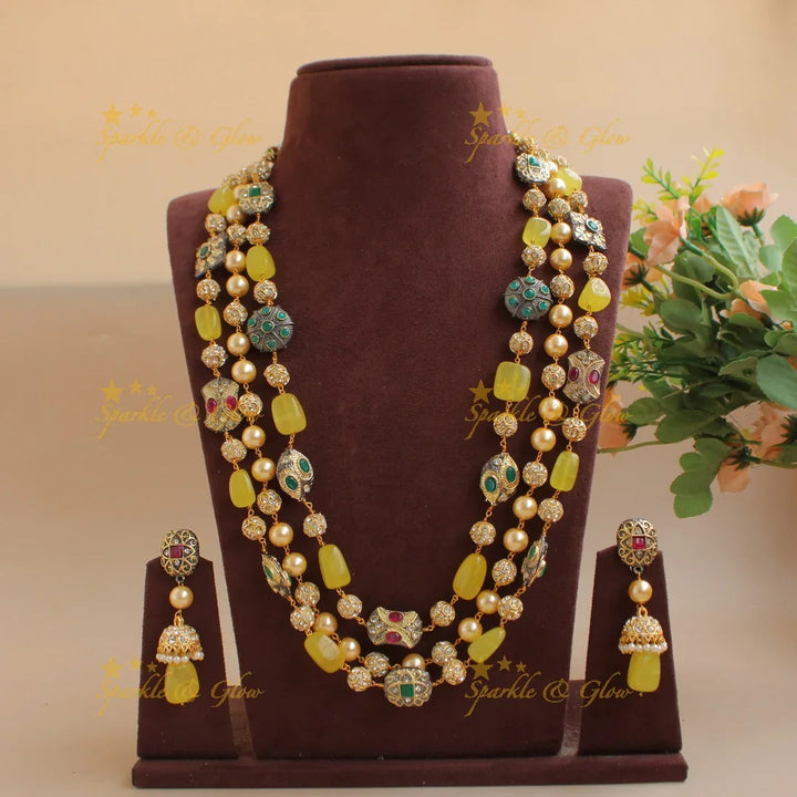 Gorgeous three layer Victorian AD haram with pearls and beads - yellow - Sparkle and Glow
