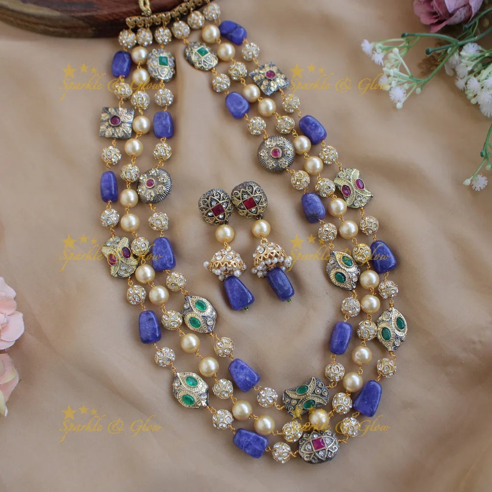 Gorgeous three layer Victorian AD haram with pearls and beads - yellow - Sparkle and Glow