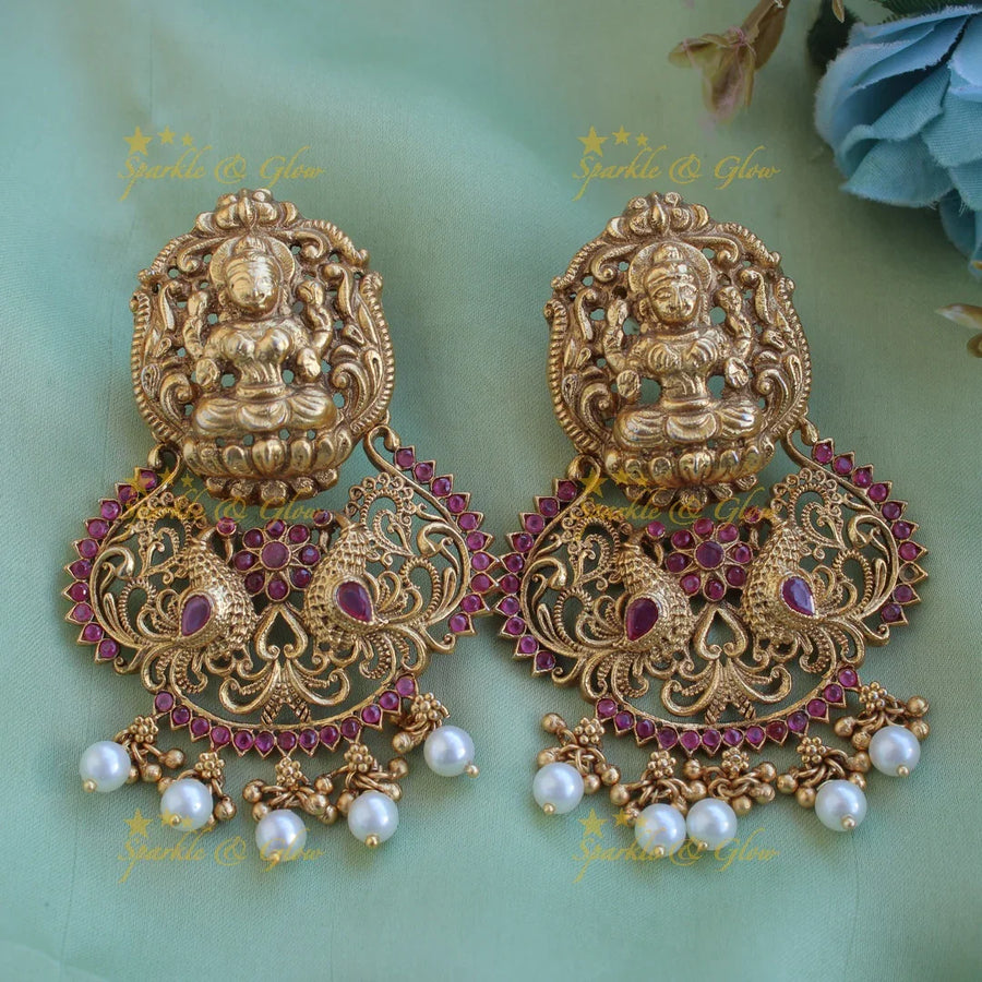 Gold alike Lakshmi peacock earrings with ruby and pearls - Sparkle and Glow