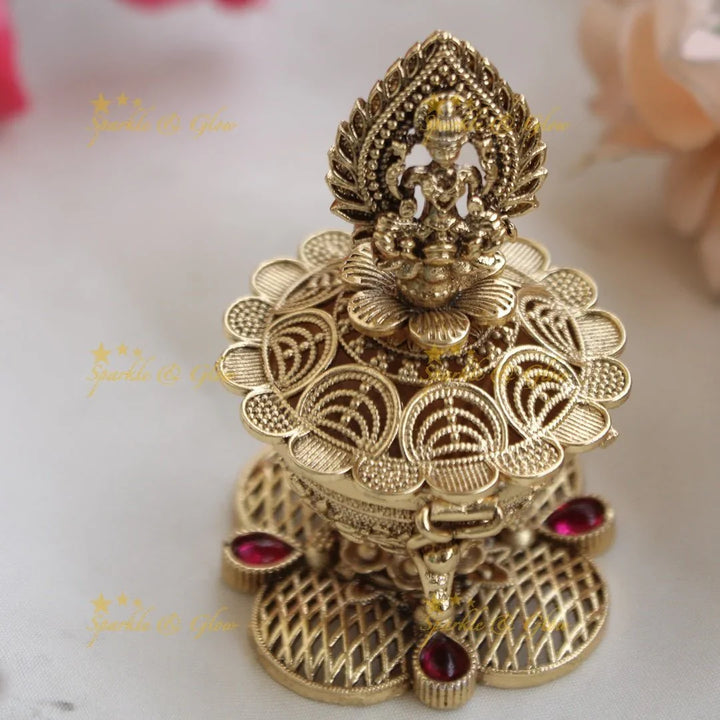 Sparkling Idol Lakshmi Carved Kemp Kumkum Box - Sparkle and Glow