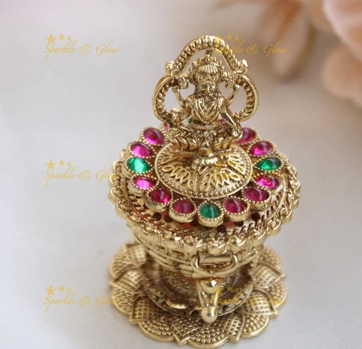 Idol Lakshmi Floral Ruby Emerald Kumkum Box - Sparkle and Glow