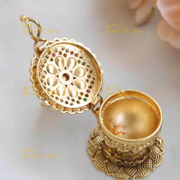 Idol Lakshmi Floral Ruby Emerald Kumkum Box - Sparkle and Glow