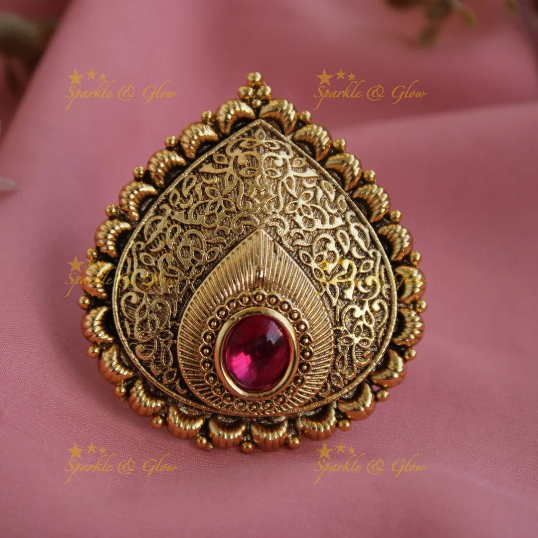 Grand intricate Leaf design Gold alike finger ring with ruby stone - Sparkle and Glow