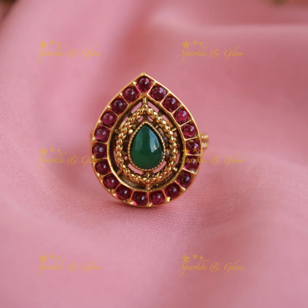 Elegant Leaf shape finger ring with ruby and emerald stones - Sparkle and Glow