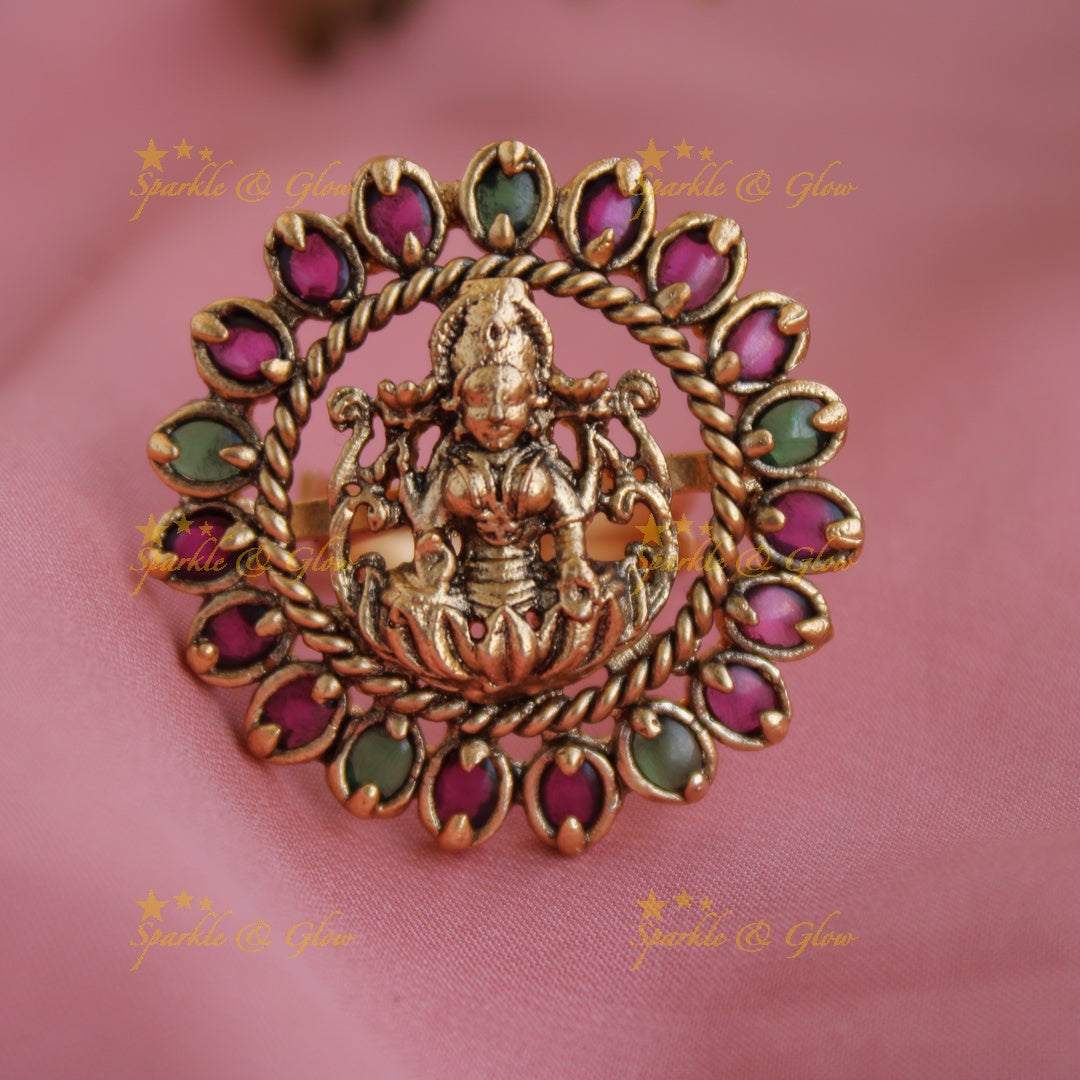 Beautiful Lakshmi carved floral finger ring with ruby and emerald stones - Sparkle and Glow