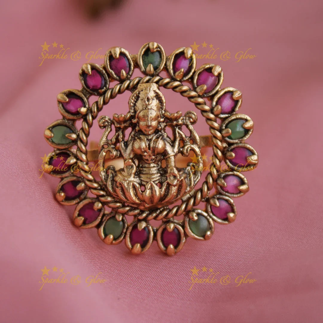 Beautiful Lakshmi carved floral finger ring with ruby and emerald stones - Sparkle and Glow