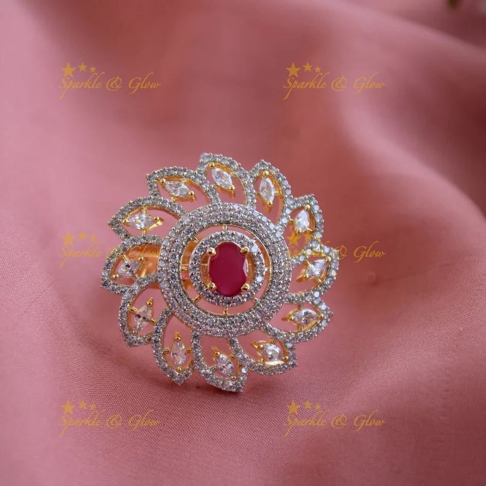 Sparkling floral design AD finger ring with ruby stone - Sparkle and Glow