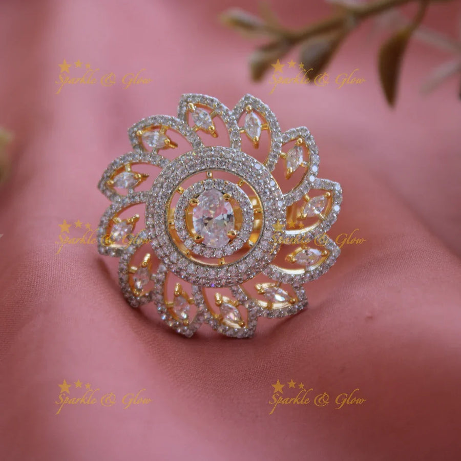 Sparkling floral design AD finger ring with ruby stone - Sparkle and Glow
