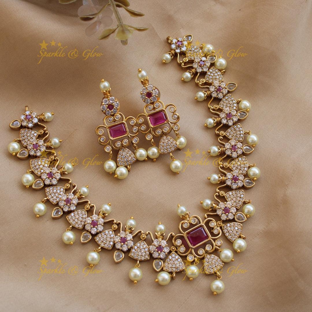 Beautiful floral and triangle design AD short necklace with ruby stones - pink - Sparkle and Glow