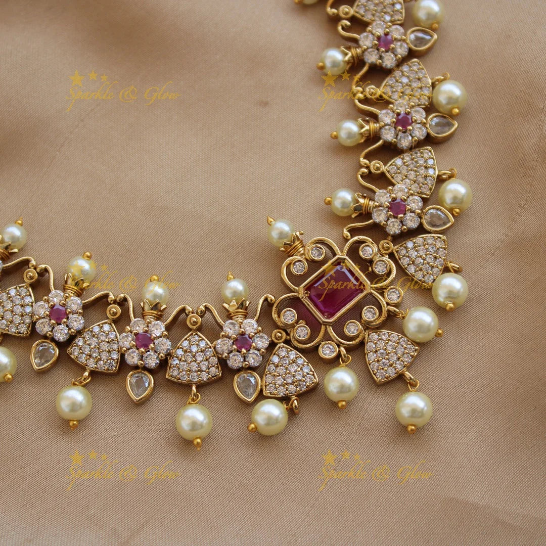 Beautiful floral and triangle design AD short necklace with ruby stones - pink - Sparkle and Glow