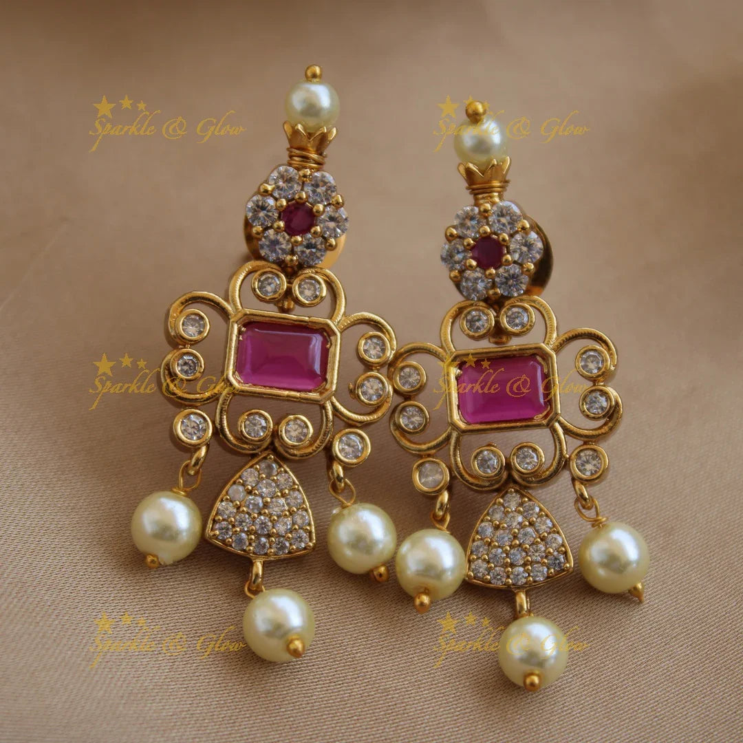 Beautiful floral and triangle design AD short necklace with ruby stones - pink - Sparkle and Glow