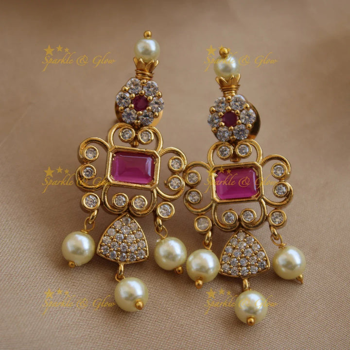 Beautiful floral and triangle design AD short necklace with ruby stones - pink - Sparkle and Glow