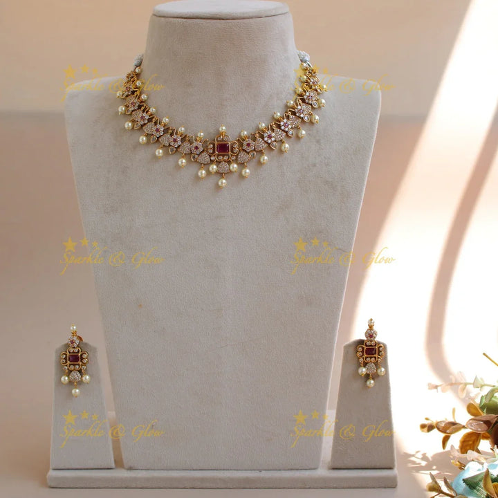 Beautiful floral and triangle design AD short necklace with ruby stones - pink - Sparkle and Glow