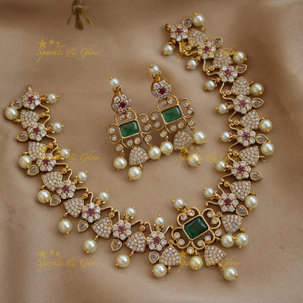 Beautiful floral and triangle design AD short necklace with ruby stones - pink - Sparkle and Glow