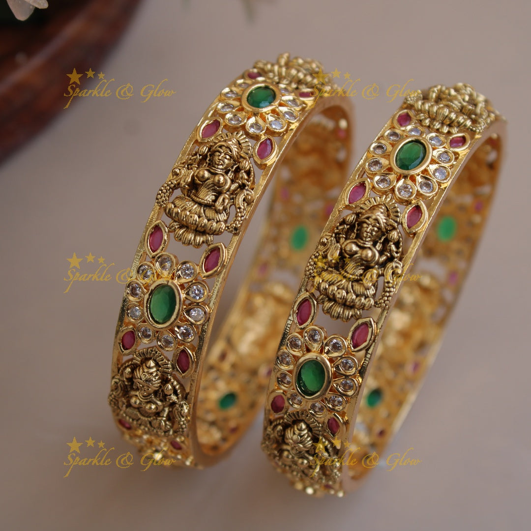 Beautiful Lakshmi flower carved bangles with ruby emerald and white stones a pair, 2.4