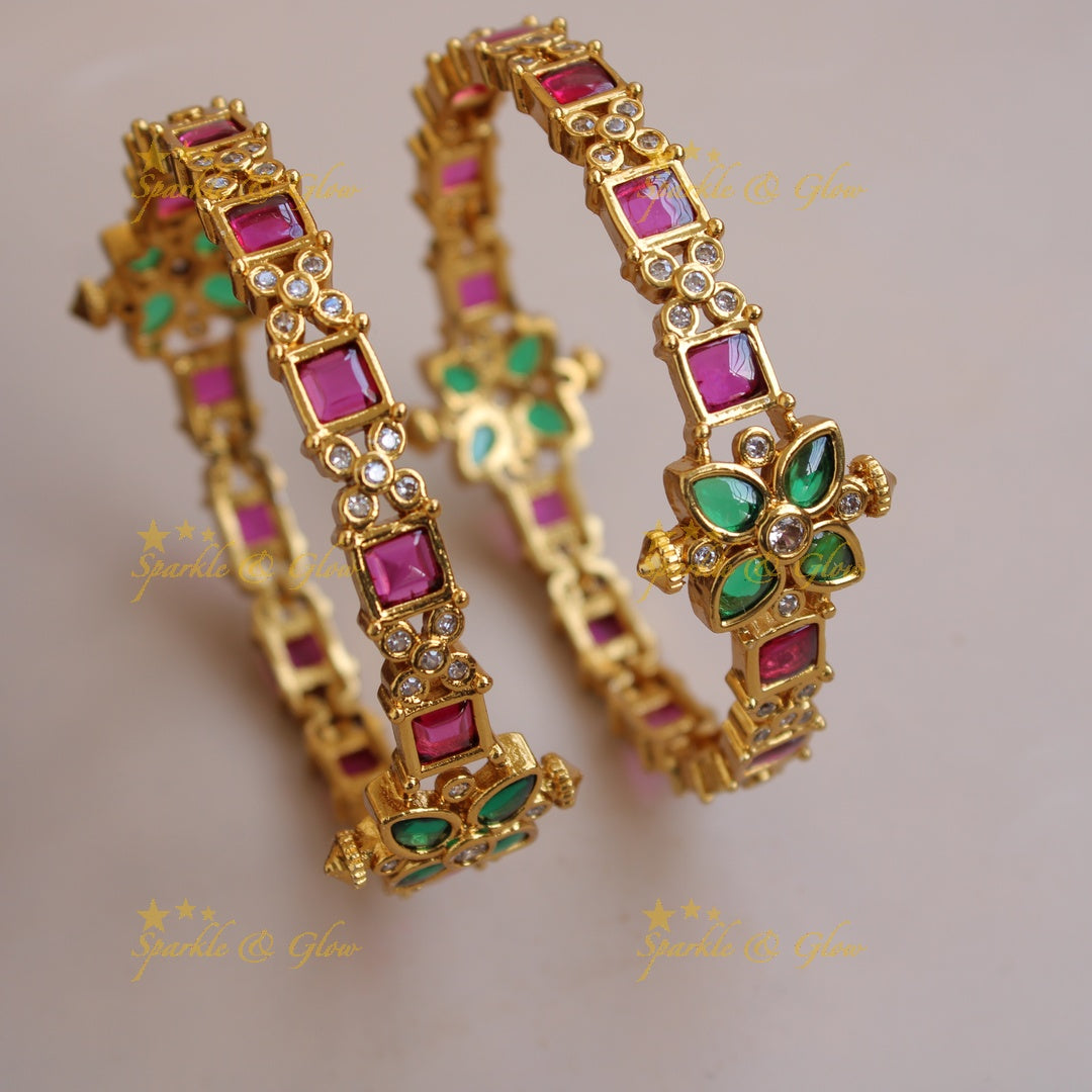 Premium Matt Floral design bangles with ruby emerald and white stones a pair, 2.4