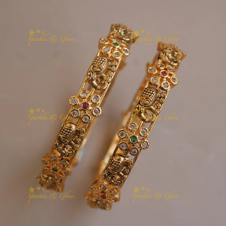 Premium Matt Elephant floral design bangles with multi colour stones a pair, - Sparkle and Glow