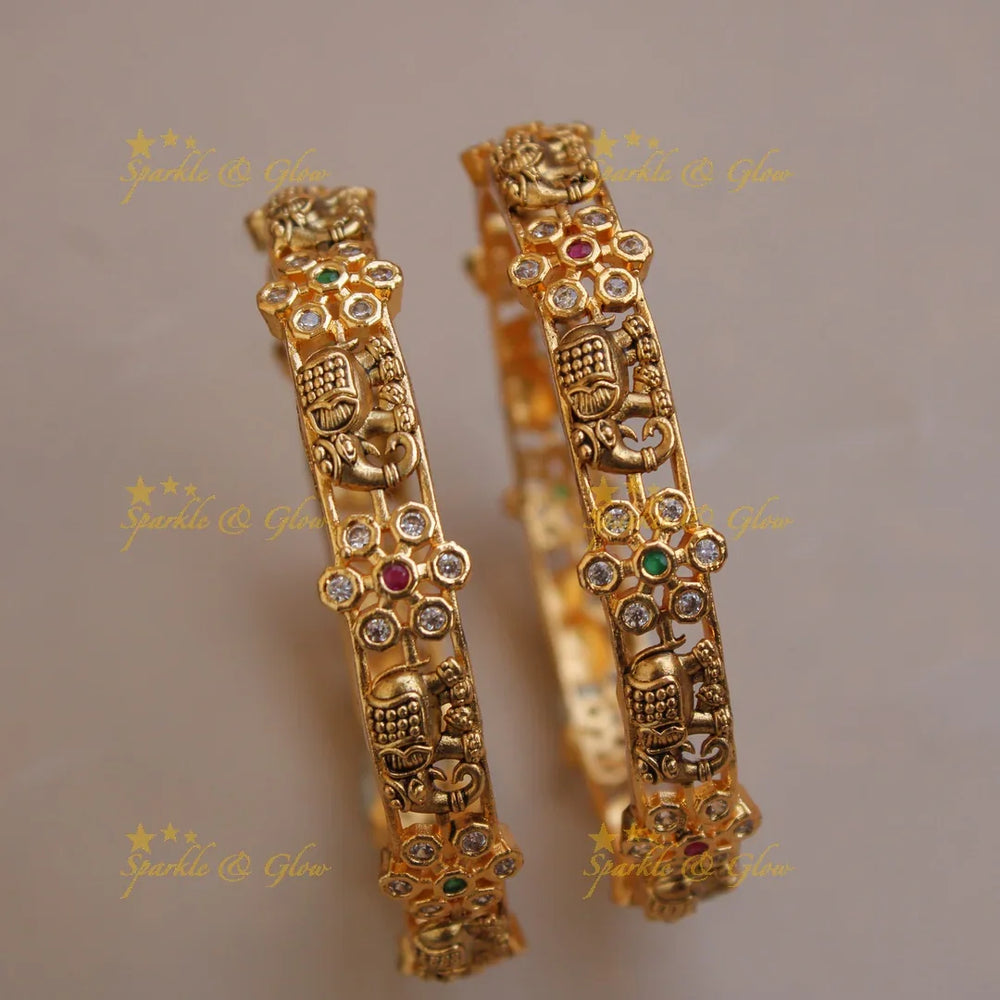 Premium Matt Elephant floral design bangles with multi colour stones a pair, - Sparkle and Glow