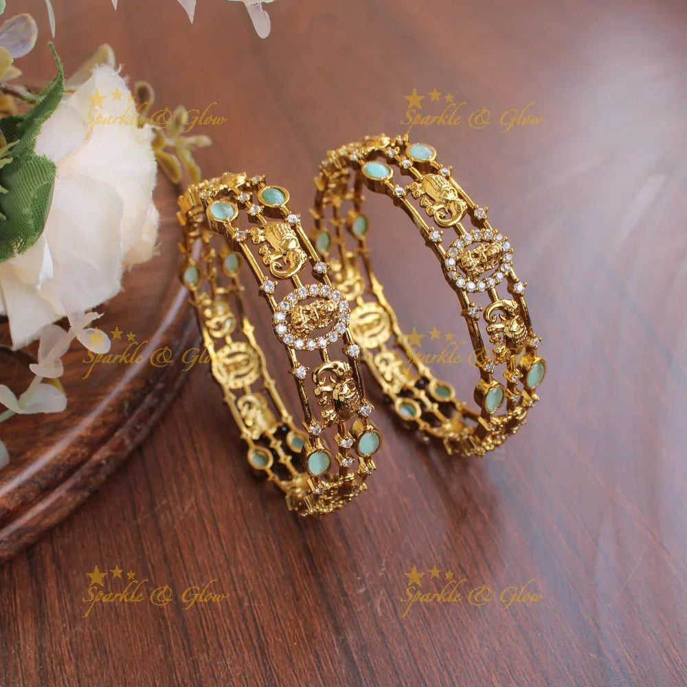 Gorgeous Lakshmi elephant carved three line bangles with stones a pair, - Sparkle and Glow