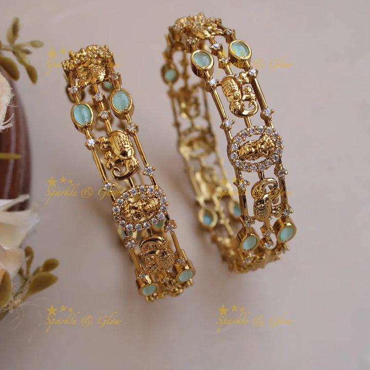 Gorgeous Lakshmi elephant carved three line bangles with stones a pair, - Sparkle and Glow