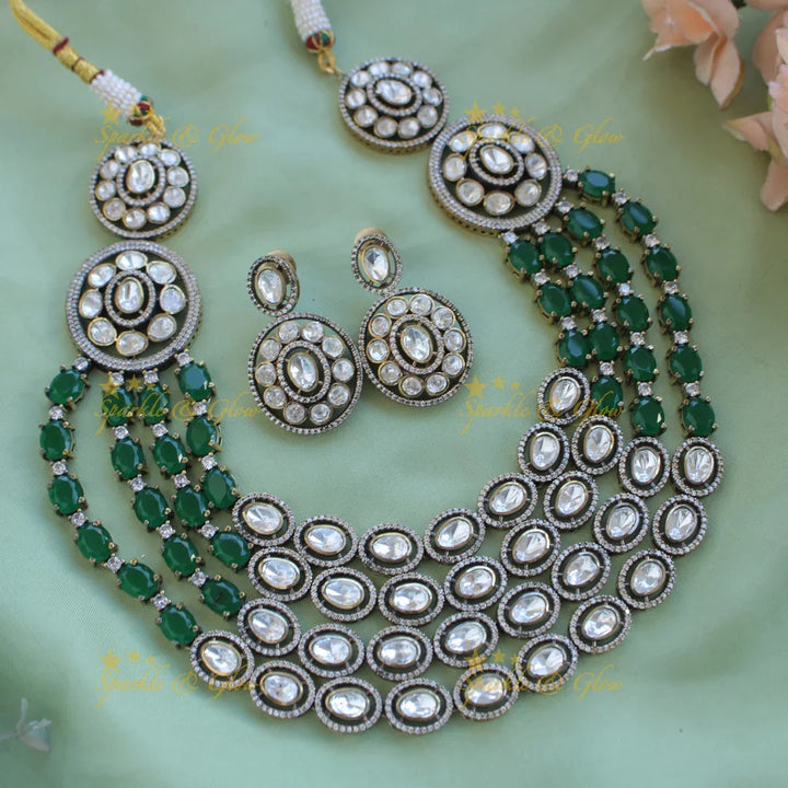 Exclisive Multi layer floral black finish Victorian AD haram with blue stones - Sparkle and Glow