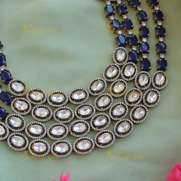 Exclisive Multi layer floral black finish Victorian AD haram with blue stones - Sparkle and Glow
