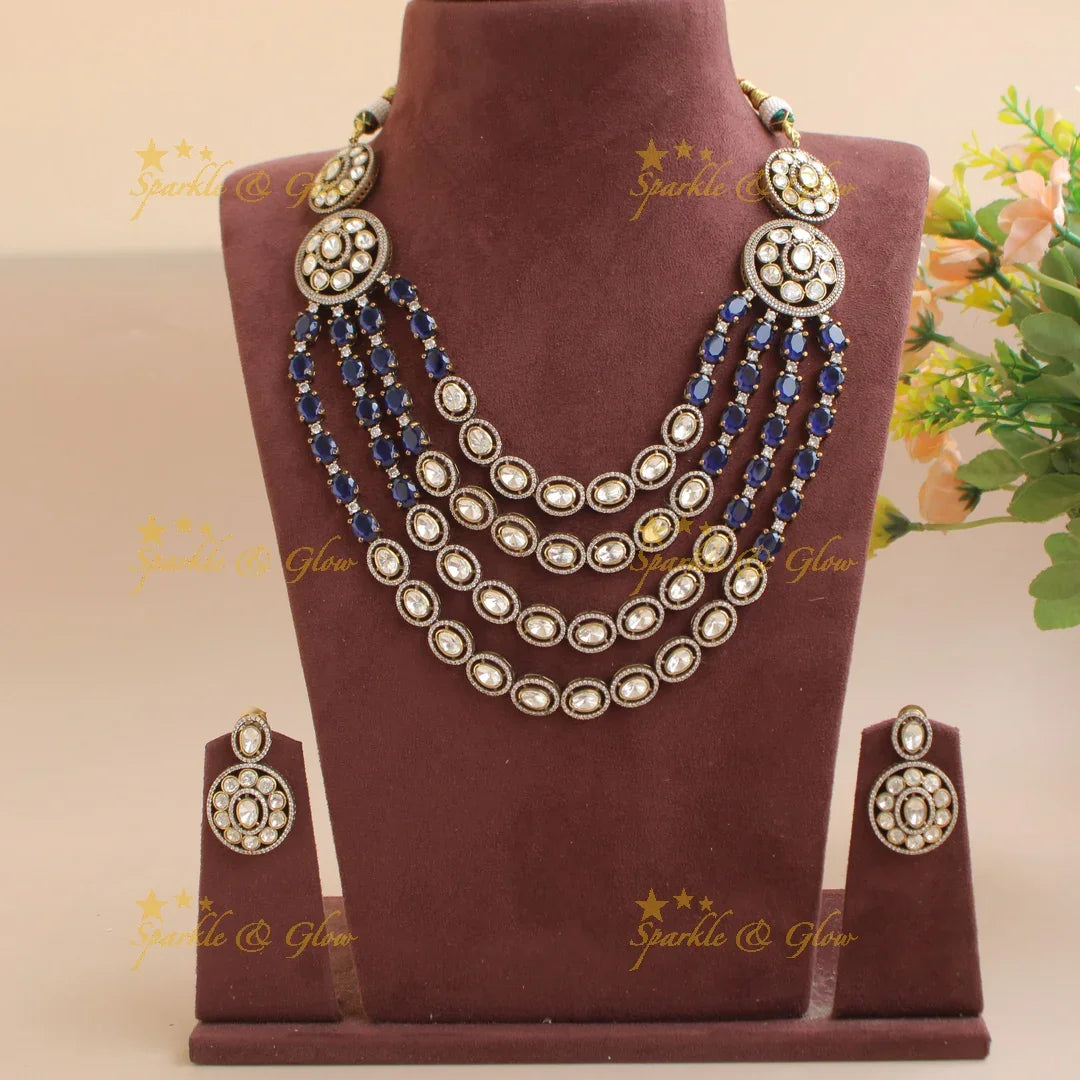 Exclisive Multi layer floral black finish Victorian AD haram with blue stones - Sparkle and Glow
