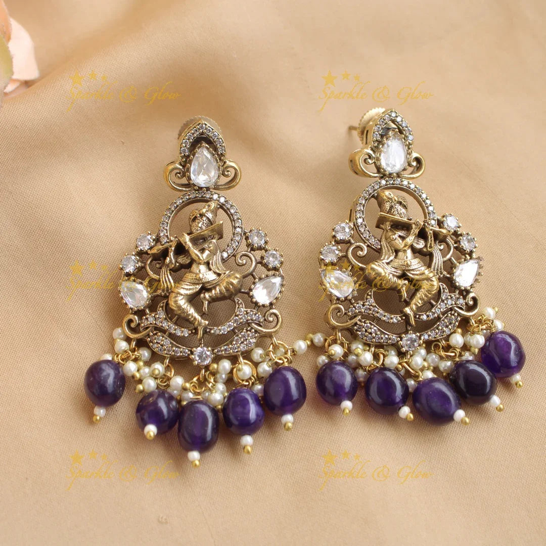 Statement Krishna playing flute peacock design pendant Victorian AD haram with multi layer beads chain - blue - Sparkle and Glow