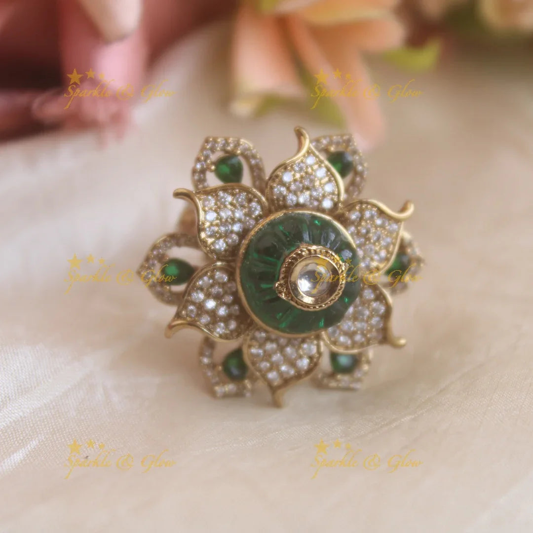 Statement Flower Victorian AD finger ring with white and green stones - Sparkle and Glow