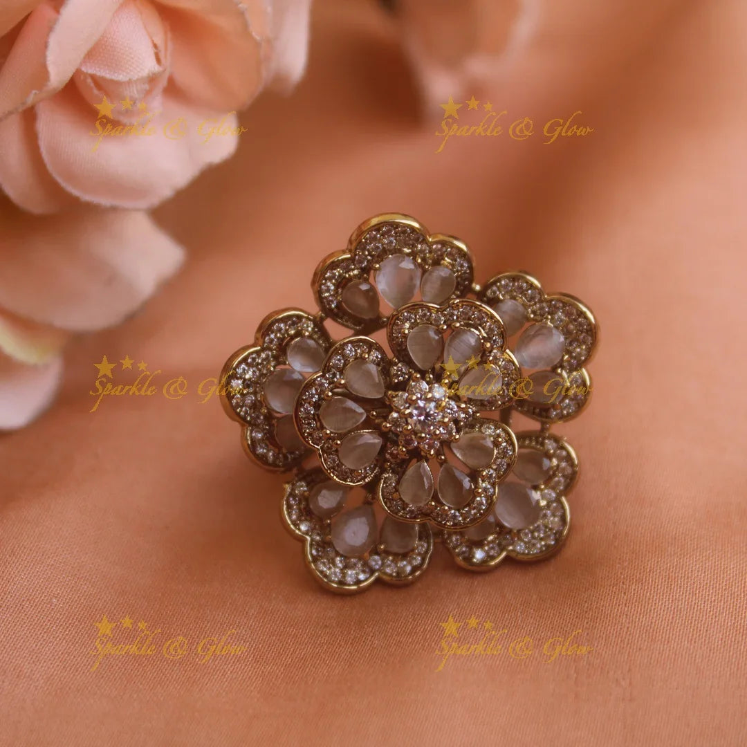 Elegant Floral design Victorian AD finger ring with baby pink stones - Sparkle and Glow