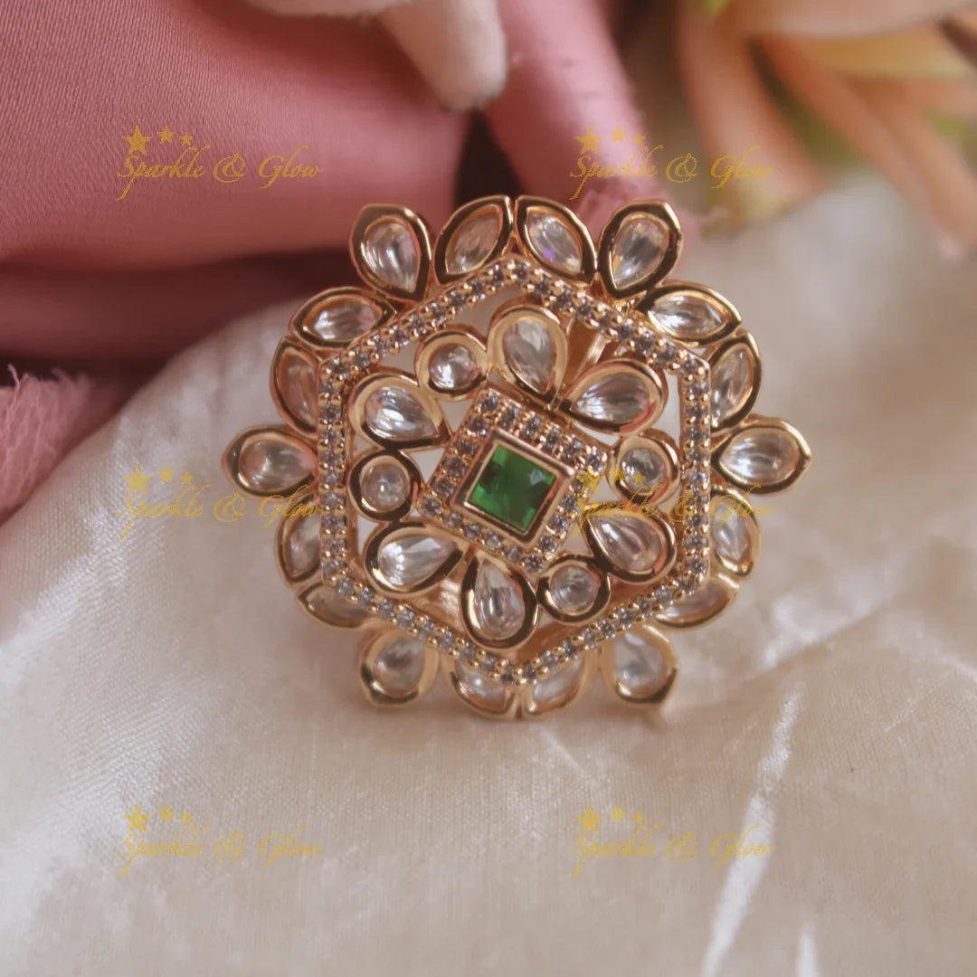 Grand Floral design Victorian AD finger ring with green stone - Sparkle and Glow