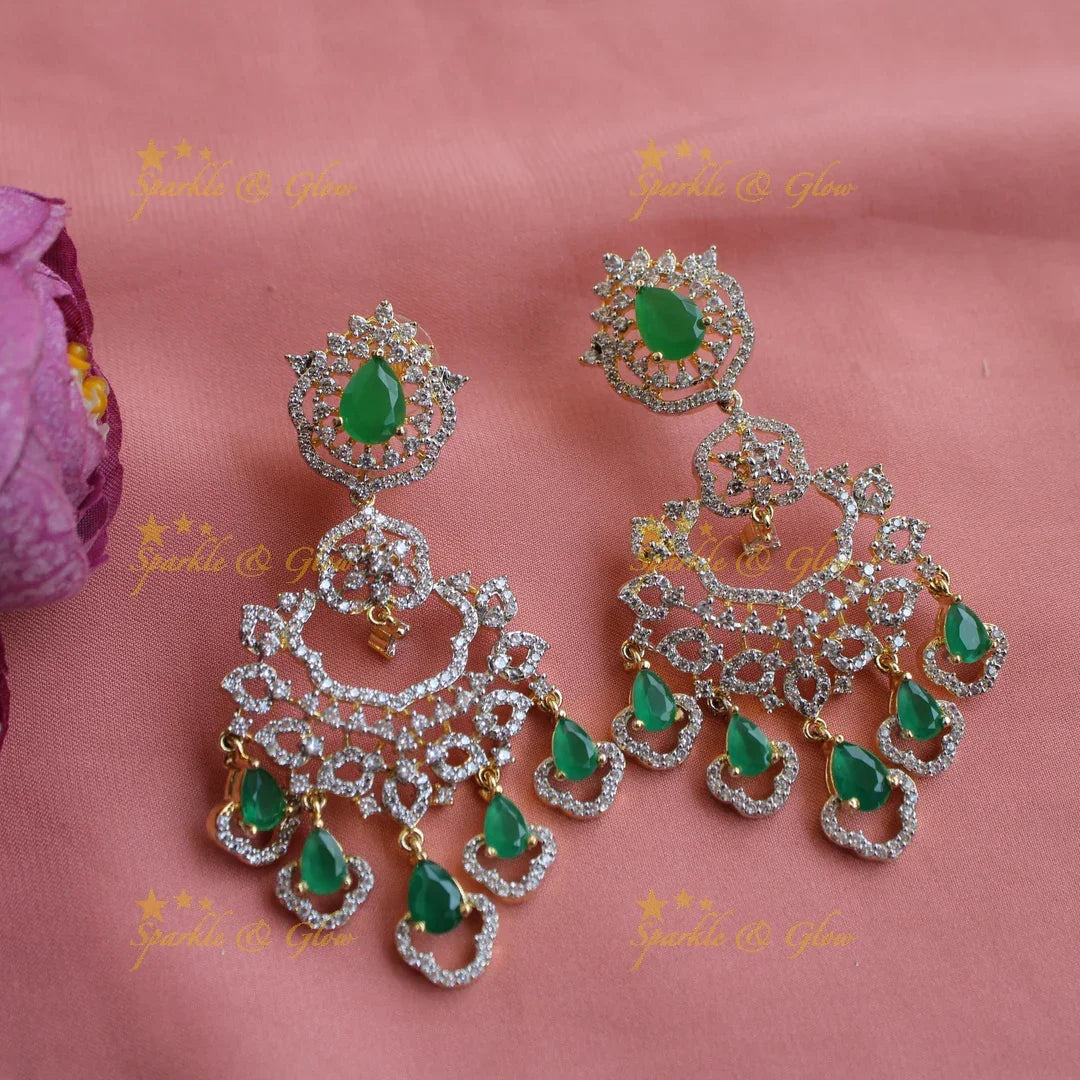 Gorgeous Floral leaf design five layer American diamond long necklace with pearls and emeralds - Sparkle and Glow