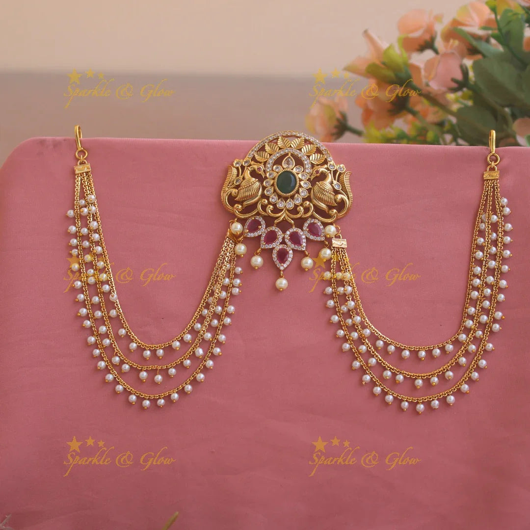 Stunning peacock floral and leaf design Jada billa with pearl maatil with CZ stones ruby and emerald - Sparkle and Glow