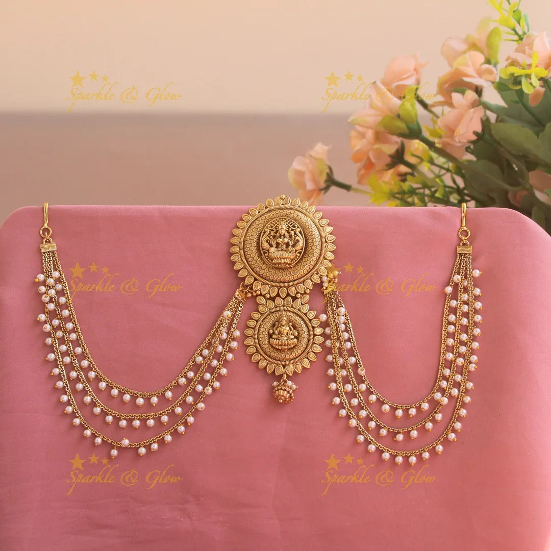 Grand Lakshmi carved Round shape Jada billa with pearl maatil - Sparkle and Glow