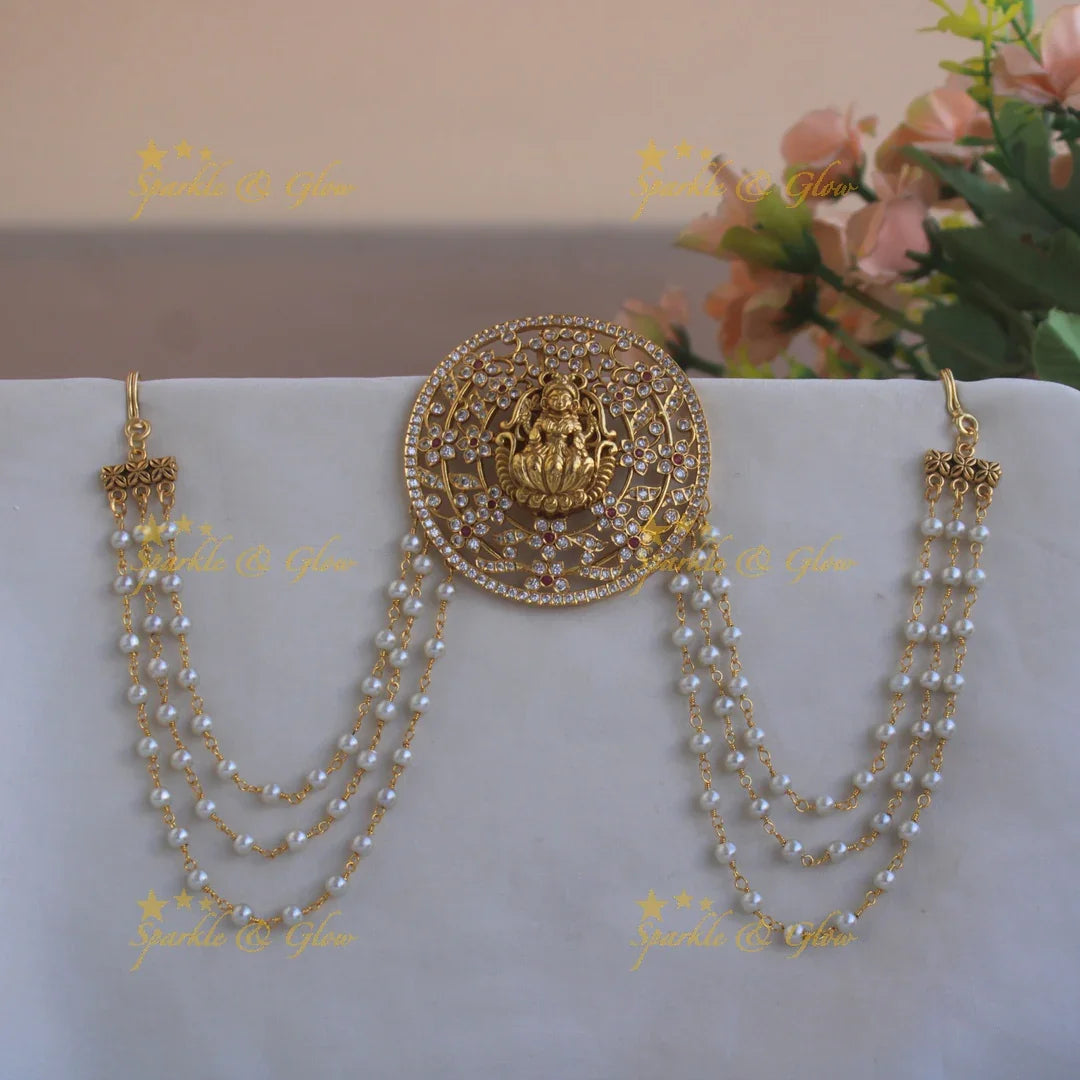 Stunning Lakshmi carved Round shape floral Jada billa with pearl maatil with CZ stones - Sparkle and Glow