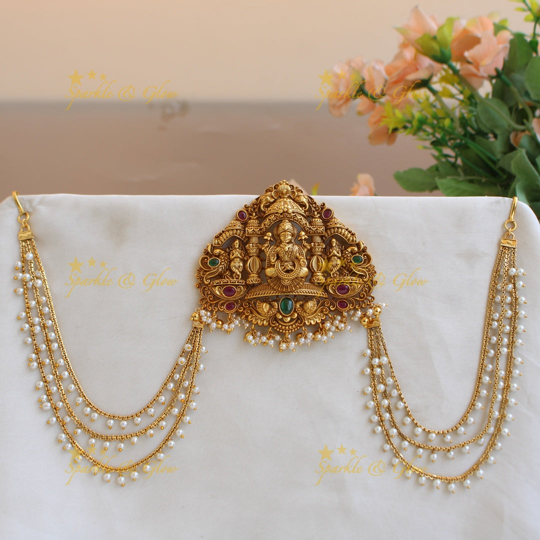 Statement Lakshmi peacock carved Jada billa with pearl maatil with ruby and emerald