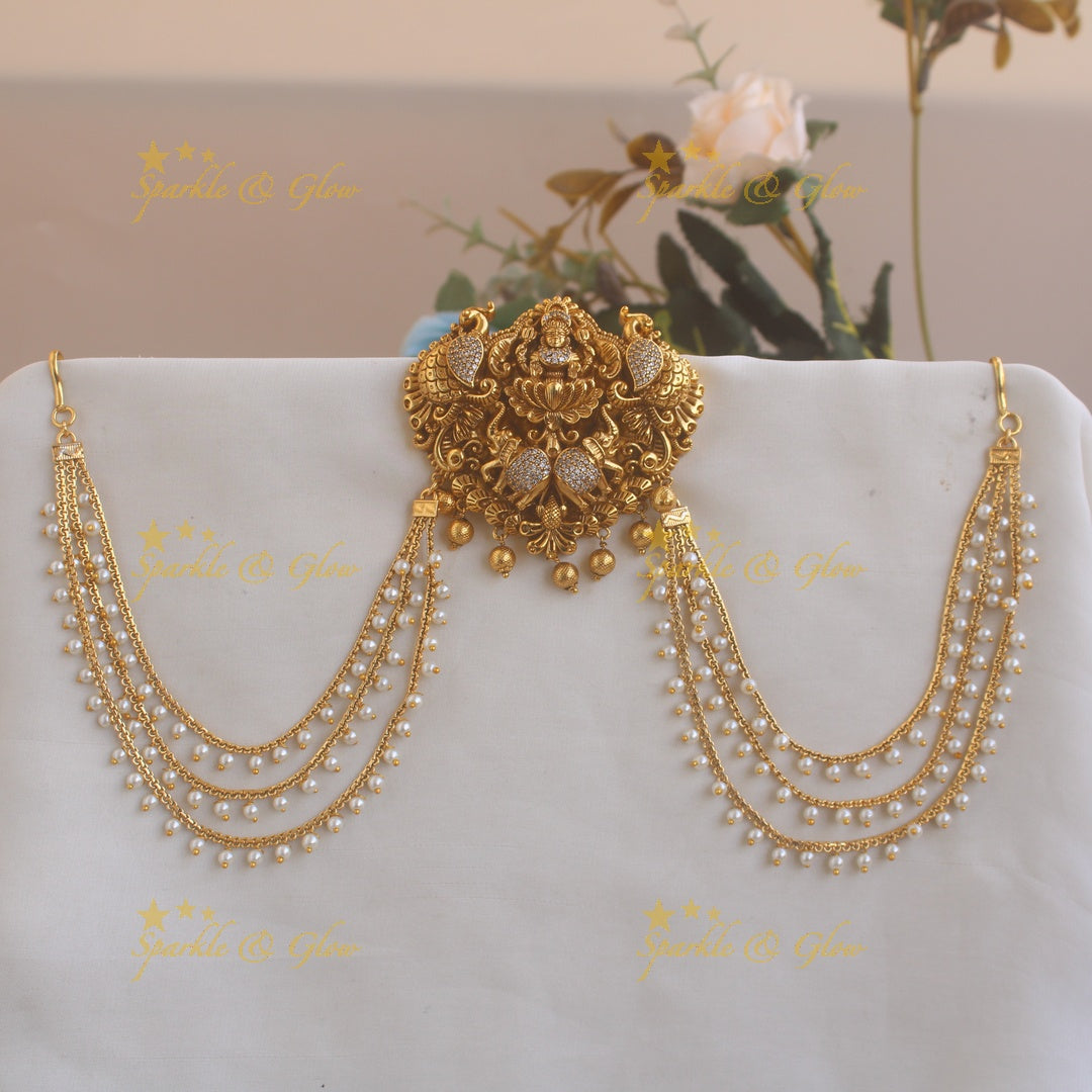 Beautiful Lakshmi peacock elephant carved Jada billa with pearl maatil with CZ stones - Sparkle and Glow