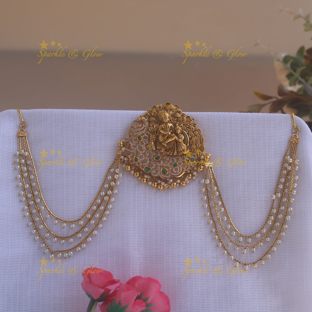 Statement Radha Krishna and peacock design Jada billa with maatil with CZ stones and pearls