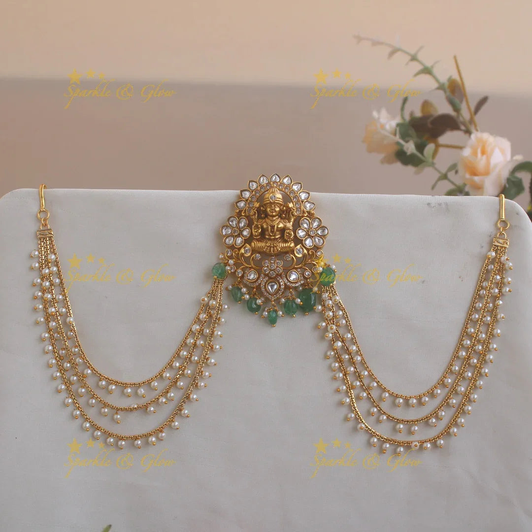 Stunning Lakshmi carved floral kundan Jada billa with pearl maatil with green beads - Sparkle and Glow