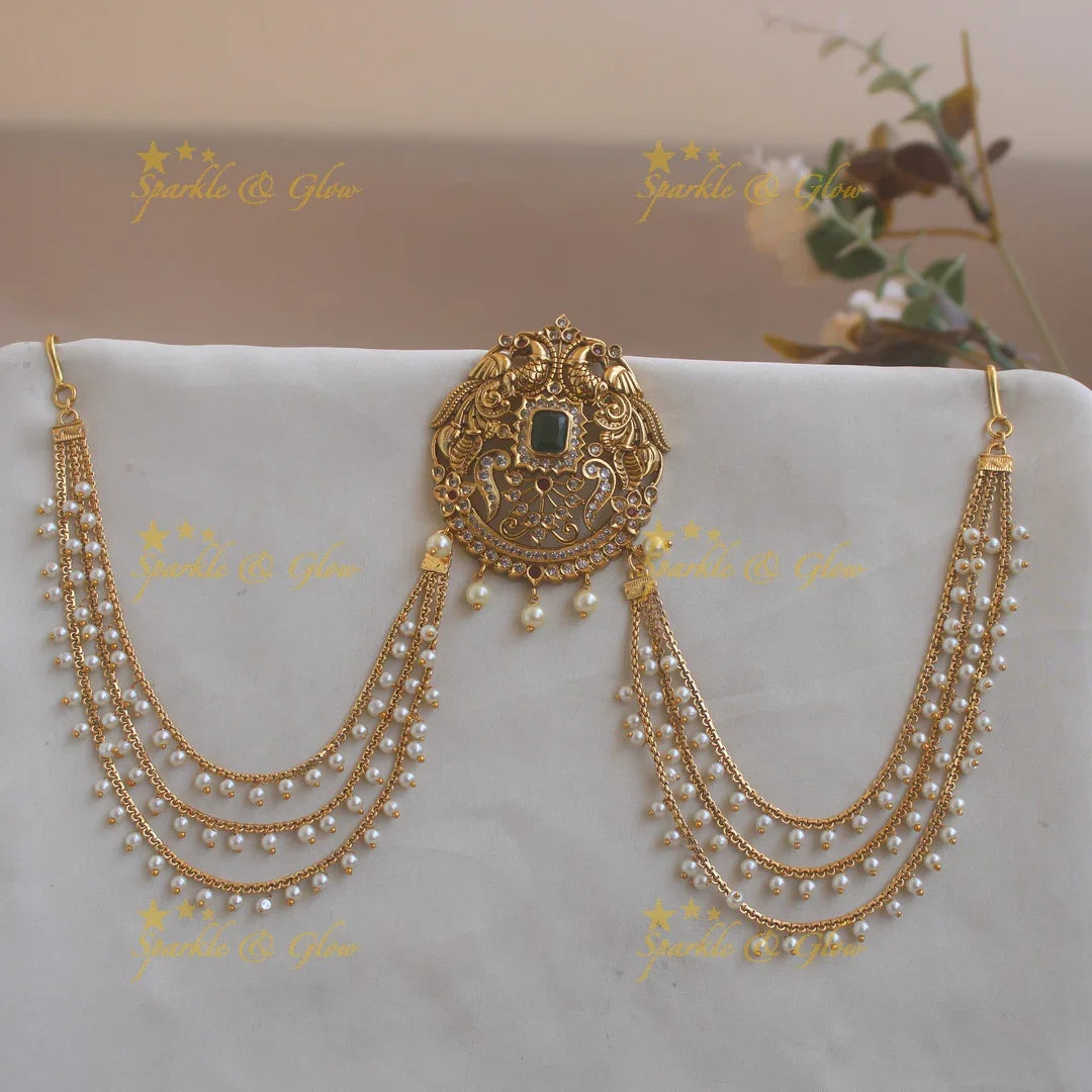 Elegant Peacock and floral design Jada billa with pearl maatil with Emerald and CZ stones - Sparkle and Glow