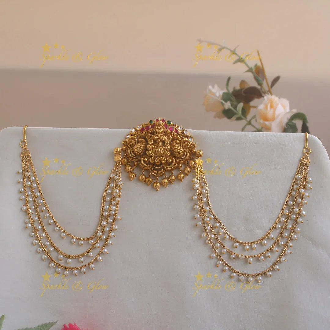 Beautiful Lakshmi peacock jadau Jada billa with pearl maatil with gold beads - Sparkle and Glow