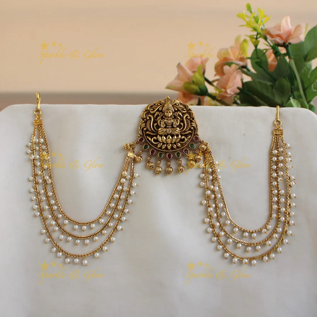 Gold Alike Lakshmi carved Jada billa with pearl maatil with ruby emerald and gold beads - Sparkle and Glow