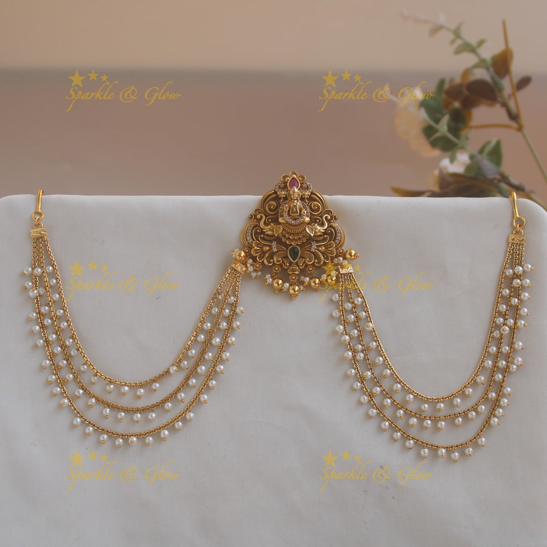 Elegant Lakshmi elephant Jada billa with pearl maatil with CZ stones ruby and emerald