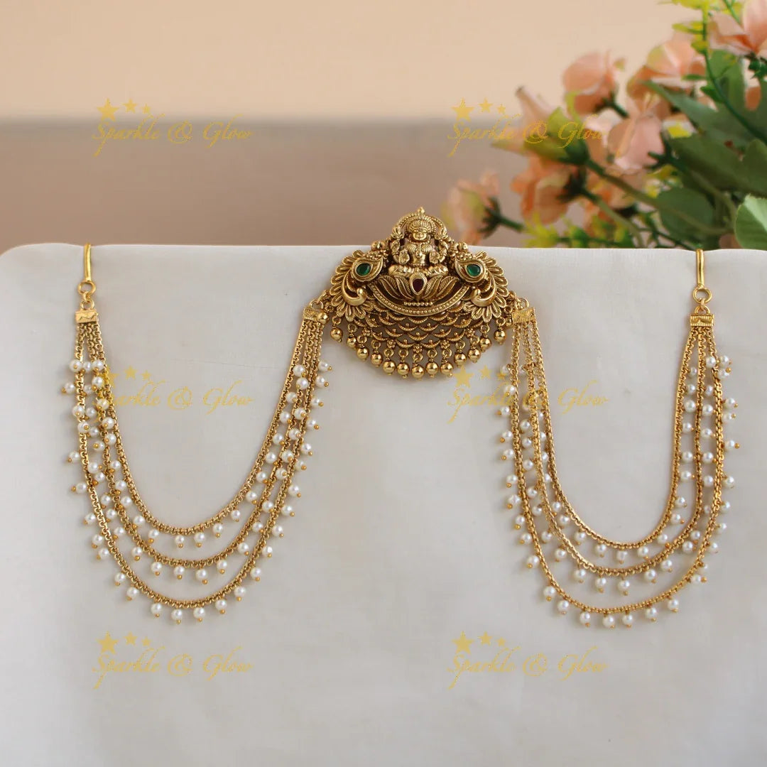 Beautiful Lakshmi peacock carved Jada billa with pearl maatil with gold beads and emerald - Sparkle and Glow