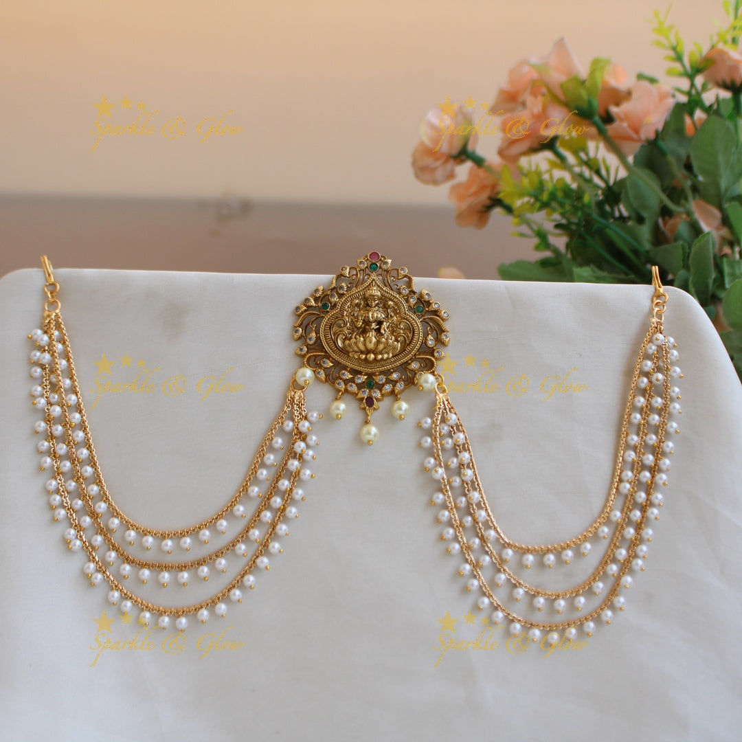 Stunning Lakshmi and leaves carved Jada billa with pearl maatil with CZ stones